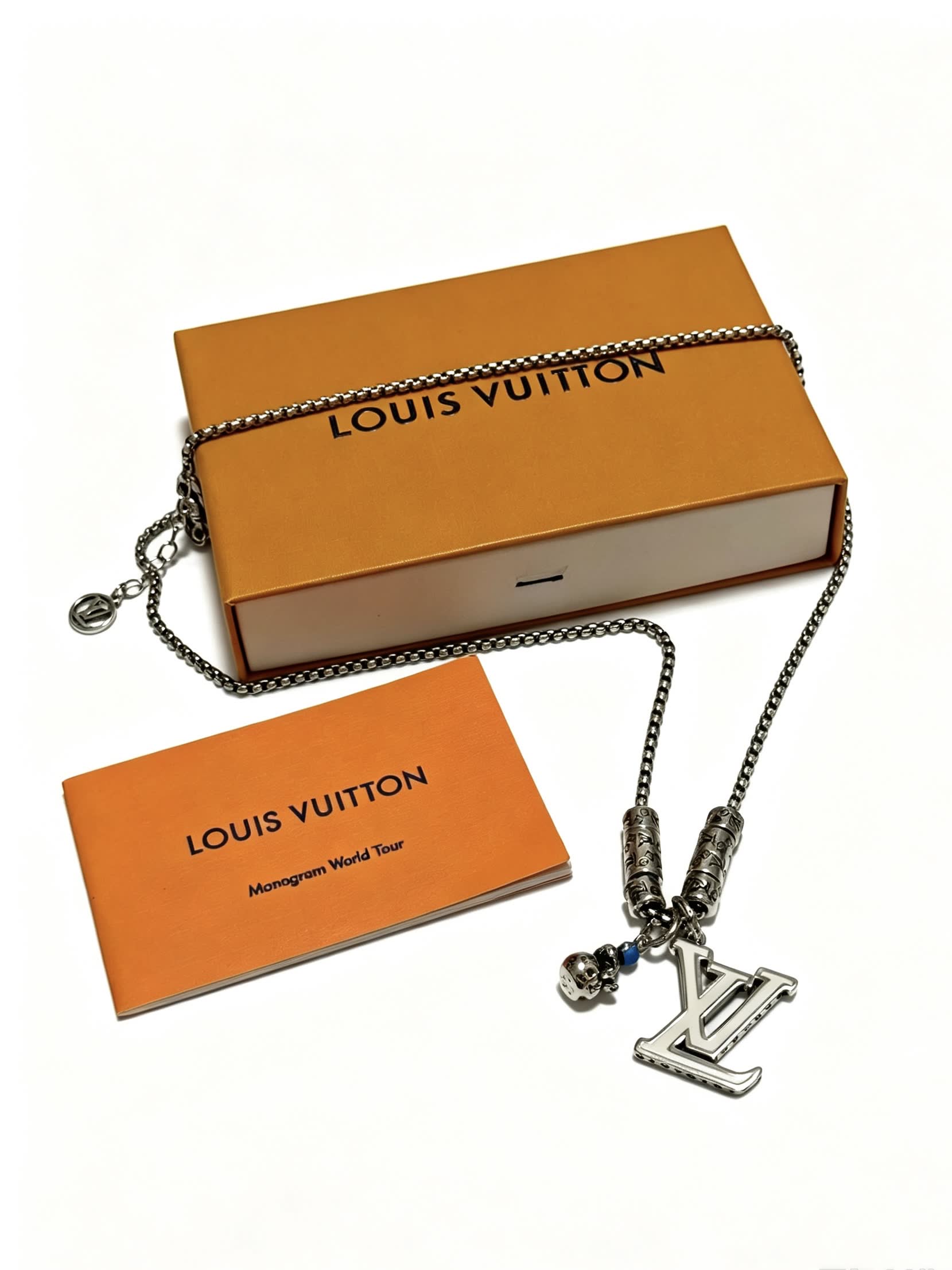 Louis Vuitton Silver Tone Chain Necklace with LV Logo and Charms